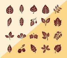 bundle of twenty autumn leaves silhouette style in cream background vector