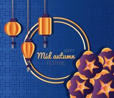 happy mid autumn festival lettering poster with flowers and lanterns hanging vector