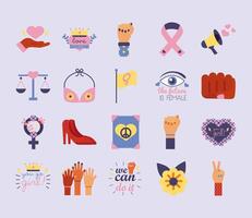 paquete de veinte iconos de estilo plano de feminismo vector