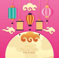 happy mid autumn festival lettering poster with lanterns and clouds in fullmoon vector