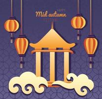 happy mid autumn festival lettering poster with castle and lanterns in clouds vector