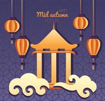 happy mid autumn festival lettering poster with castle and lanterns in clouds vector