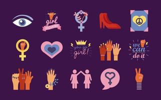 paquete de quince iconos de estilo plano de feminismo vector