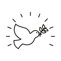 paloma de la paz con icono de estilo de línea voladora de rama de olivo vector