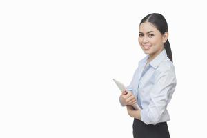 business woman lean something and use digital tablet pc isolated on white background asian beauty photo