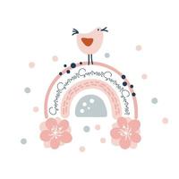 Vector spring rainbow with flowers bouquet dots and bird above