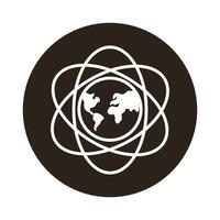 world planet earth with continents and atom lines block style icon vector