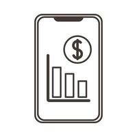 smartphone with money and statistics bars line style icon vector
