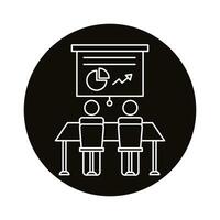 avatars couple coworking with paperboard and statistics line style icon vector