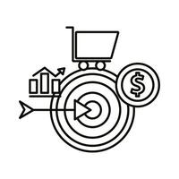 Digital marketing target with bars chart cart and coin line style icon vector design