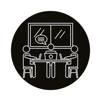 three workers with laptops and speech bubble coworking line style icon vector