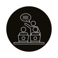 three workers talking and laptops coworking line style icon vector