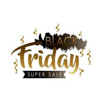 black friday sale label in black paint stain with golden lettering and confetti vector