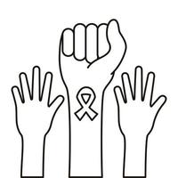 hands fight with ribbon breast cancer line style icon vector