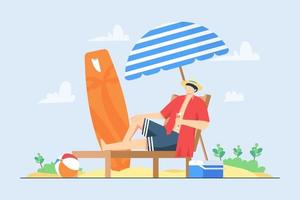 Un hombre se relaja en la playa durante la escena de ilustración de vector de vacaciones de verano
