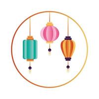 Lámparas de papel chino colgadas en iconos de marco circular vector