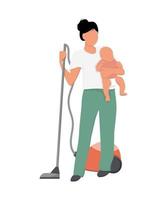 Woman holding a baby and vacuum cleaner isolate housewife nanny concept Vector illustration