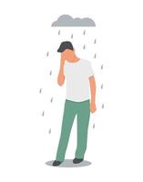 Mental health flat vector isolated a man standing under a cloud with rain concept of sadness and problems vector illustration