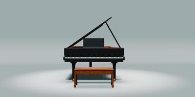 Piano y silla sobre un fondo blanco, ilustración 3d