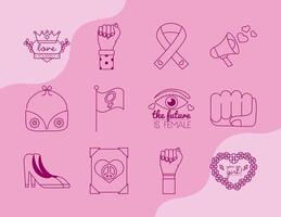 paquete de iconos de estilo de línea de feminismo en fondo rosa vector