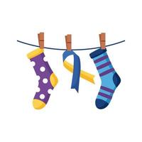 down syndrome campaign ribbon hanging with socks flat style icon vector