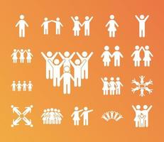 bundle of community and family figures in black background degradient style icons vector