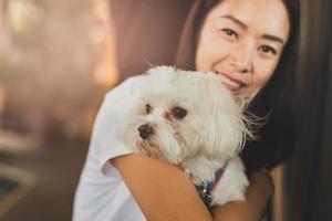 La mujer es dueña de una mascota con un perro pequeño foto