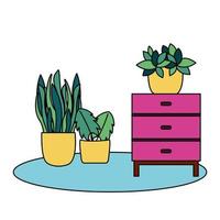 Plants inside pots and furniture vector design