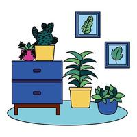 Plants inside pots and furniture vector design