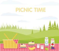 Special picnic basket with food and dishes on a plaid blanket on the background Picnic time vector