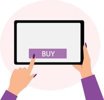 Female hands touching buy button on tablet