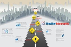 Business roadmap timeline infographic city designed with road sign background. Template milestone element modern diagram process technology digital marketing data presentation chart vector