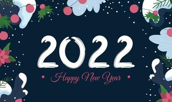 Feliz año nuevo 2022 banner horizontal o plantilla de tarjeta de felicitación con elementos de árbol de navidad y ramas nevadas de fondo de vector de dibujos animados