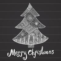 Ornamental hand drawn sketch of Christmas tree vector illustration with ornament and lettering on chalkboard