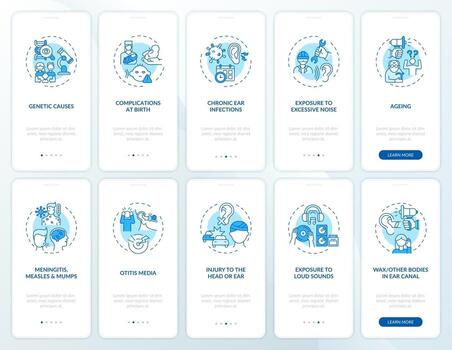 Hearing impairment factors onboarding mobile app page screen with concepts set vector