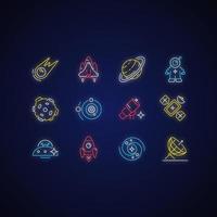 Astronautic neon light icons set vector