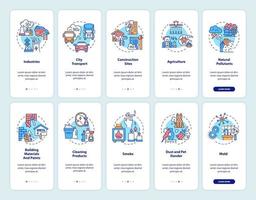 Indoor and outdoor air pollution onboarding app page screen with concepts set vector