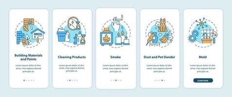 Indoor air pollution onboarding mobile app page screen with concepts vector