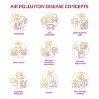 Conjunto de iconos de concepto de enfermedad de contaminación del aire vector