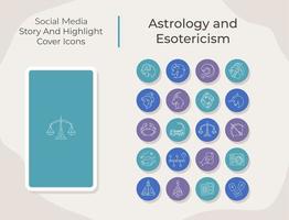 Historia de las redes sociales de astrología y esoterismo y conjunto de iconos de portada destacada vector