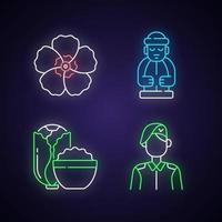 Korean nationals symbols neon light icons set vector