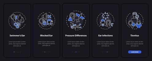 Common ear conditions onboarding mobile app page screen with concepts vector