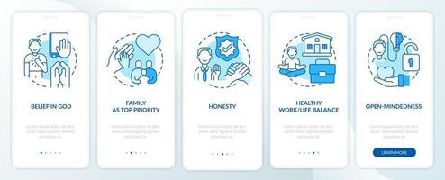 Personal morals onboarding mobile app page screen with concepts vector