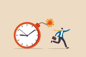 Time management project deadline countdown or problem or trouble to deliver or launch product concept fearful businessman running away from detonated time countdown bomb about to explode vector