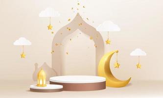 3d Islamic Muslim Cylinder Podium Product Display with Crescent Moon Lantern Mosque vector