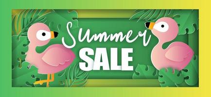 Tropical Summer sale banner with flamingo vector