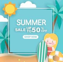 Summer banner with girl and summer elements in paper cut style vector