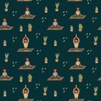 Yoga pattern background. Girls do Pilates, meditation with greenery. A pattern for textiles with people in different poses vector