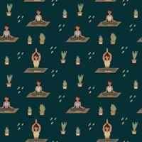 Fondo de patrón de yoga. las niñas hacen pilates, meditación con vegetación. un patrón para textiles con personas en diferentes poses. vector