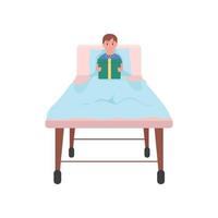 Happy child with gift in hospital bed flat color vector detailed character